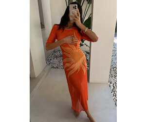 open lace back dress IZA ORANGE RUCHED MAXI MESH DRESS  OFUURE