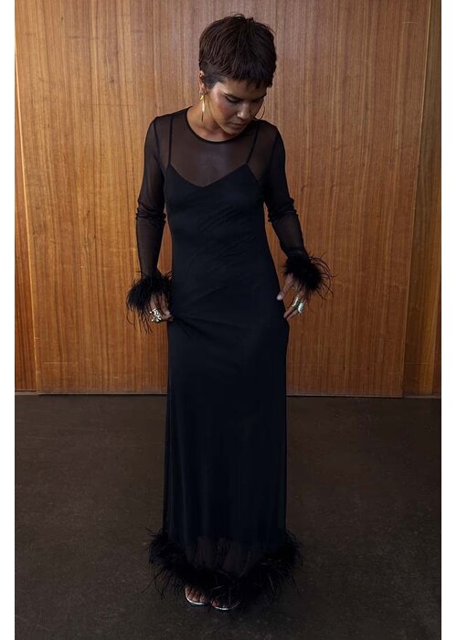 NEVER FULLY DRESSED Never Fully Dressed Mesh Feather Trim Dress