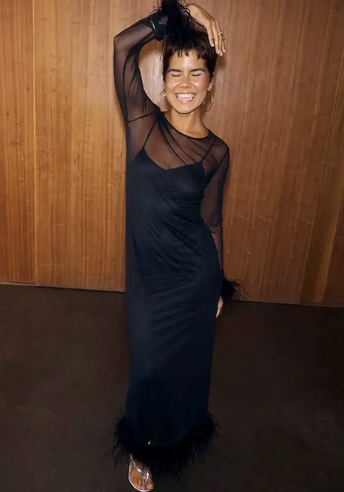 Never Fully Dressed Mesh Feather Trim Dress