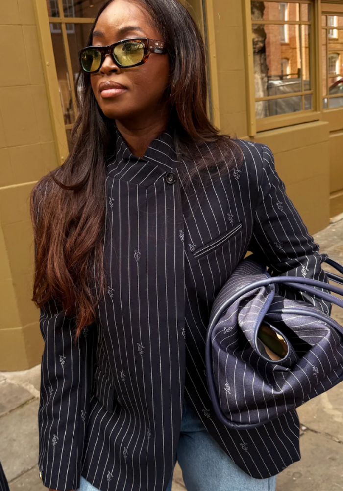 Never Fully Dressed Pinstripe Fold Over Love Blazer