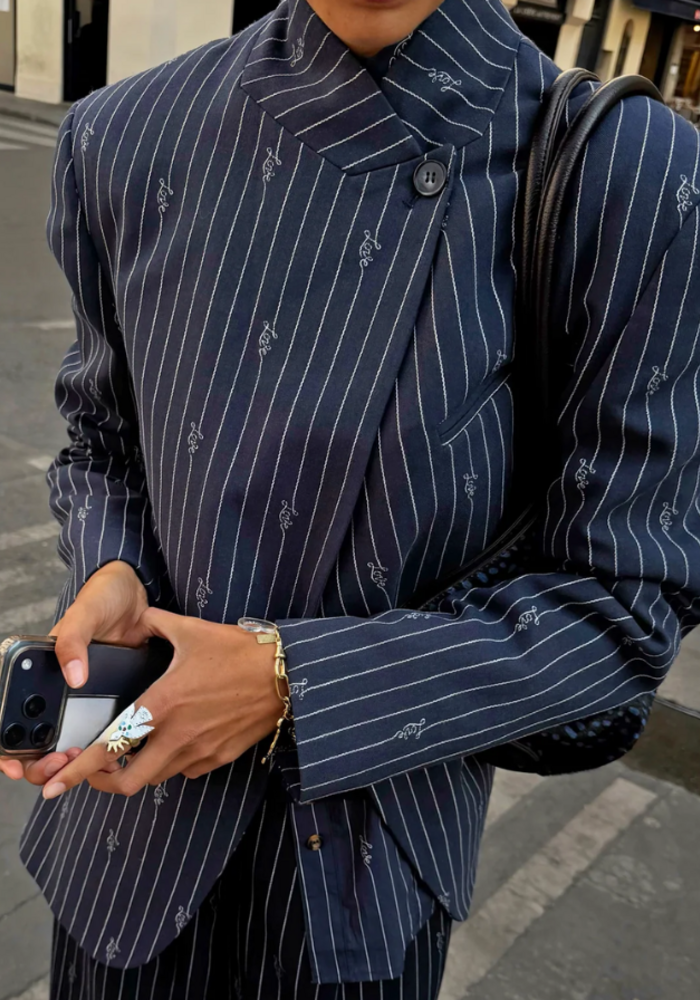 Never Fully Dressed Pinstripe Fold Over Love Blazer