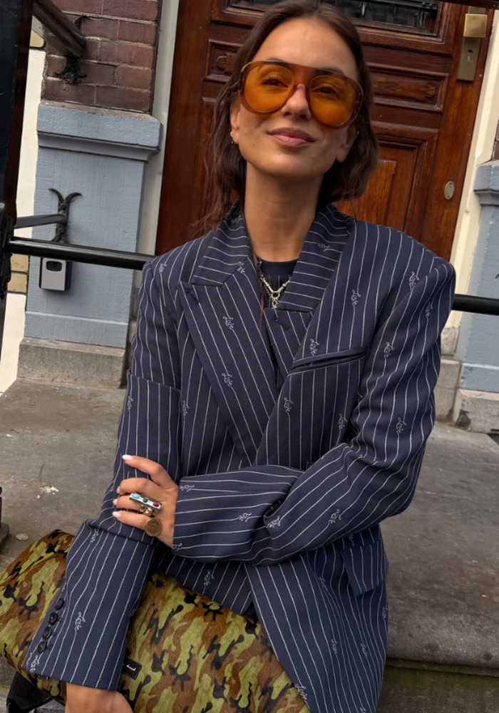 Never Fully Dressed Pinstripe Fold Over Love Blazer