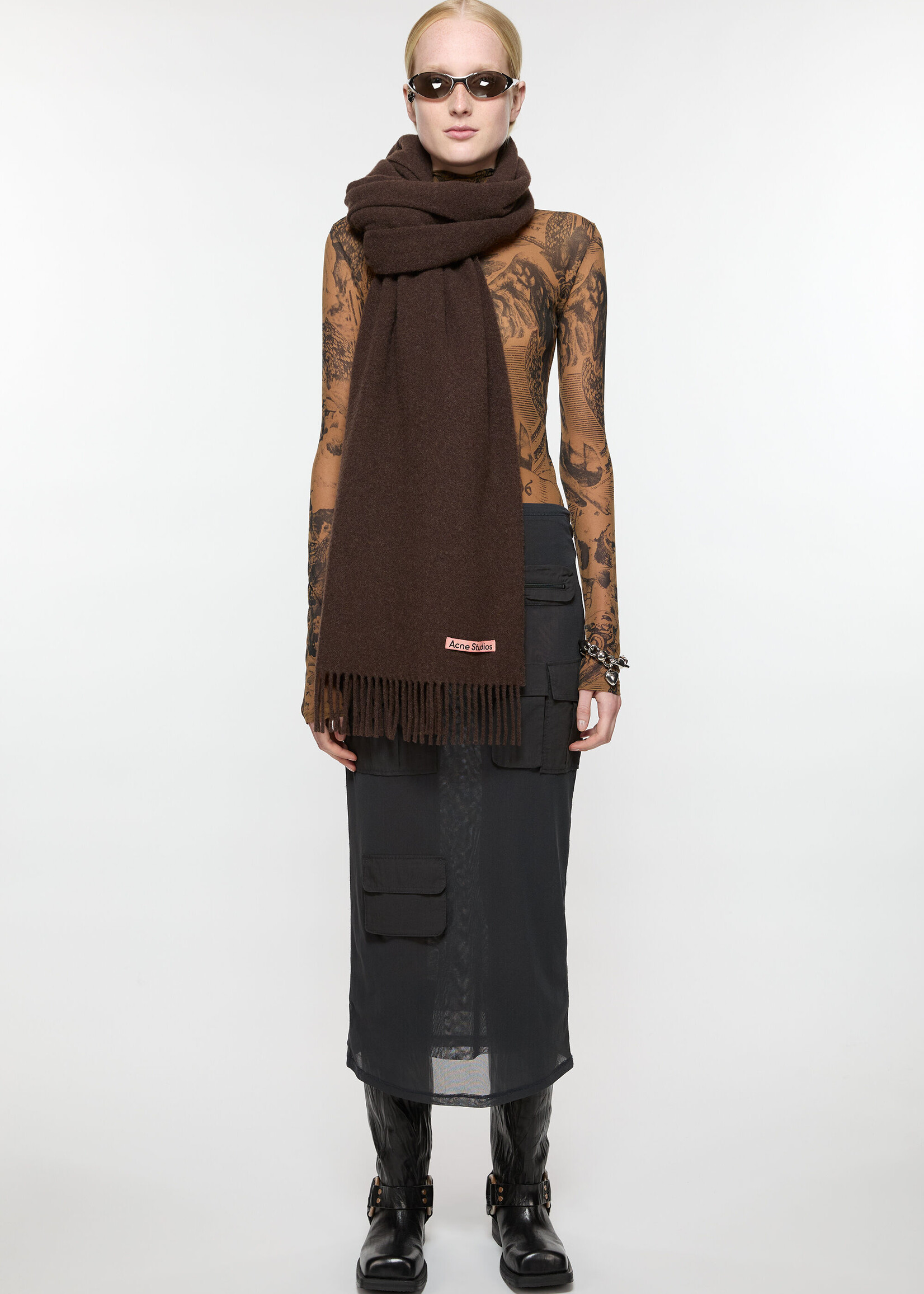 ACNE STUDIOS Fringe Wool Scarf Oversized | Brown Melange