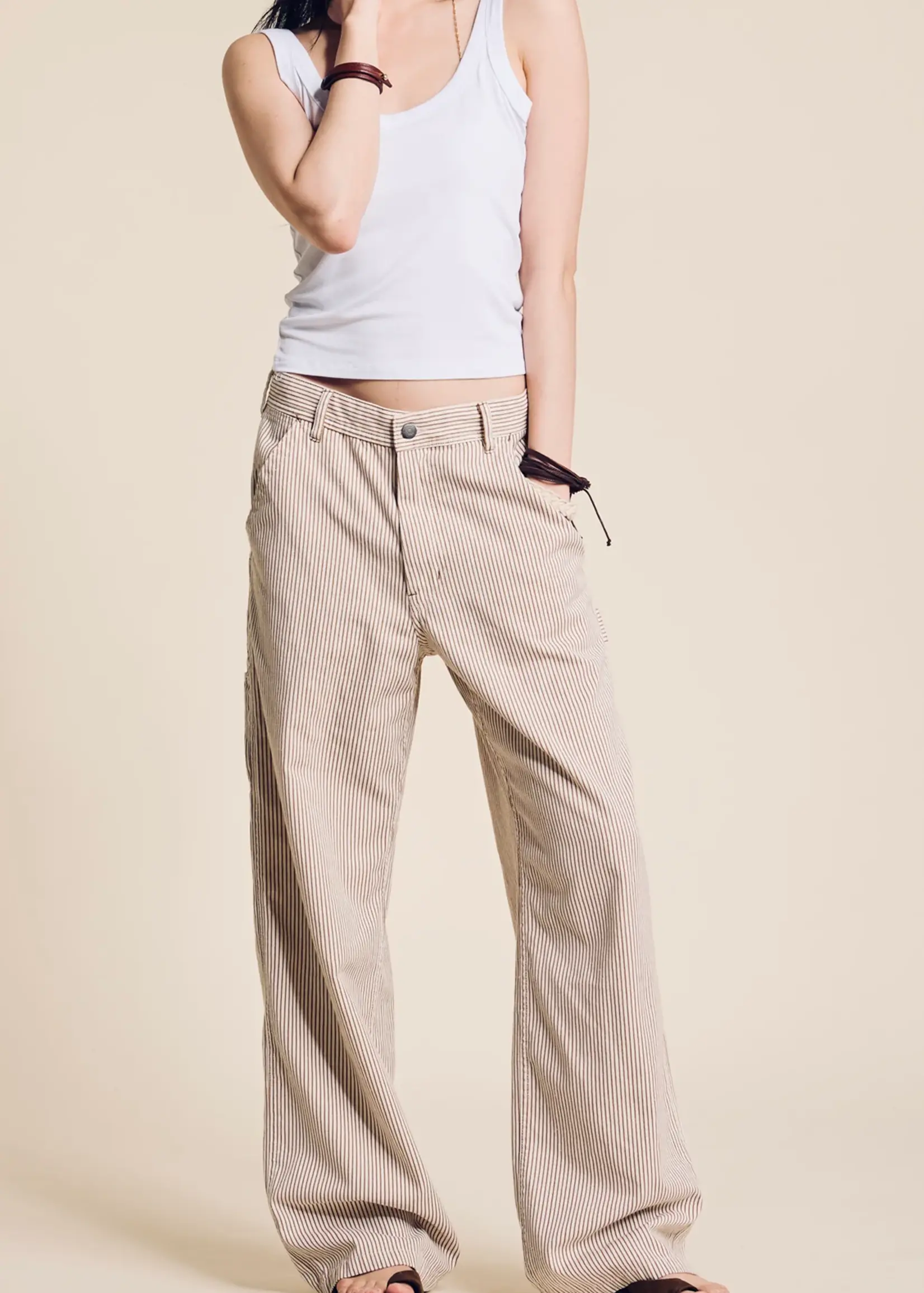 DENIMIST Teri Wide Leg Carpenter Pant | Brown Railroad Stripe
