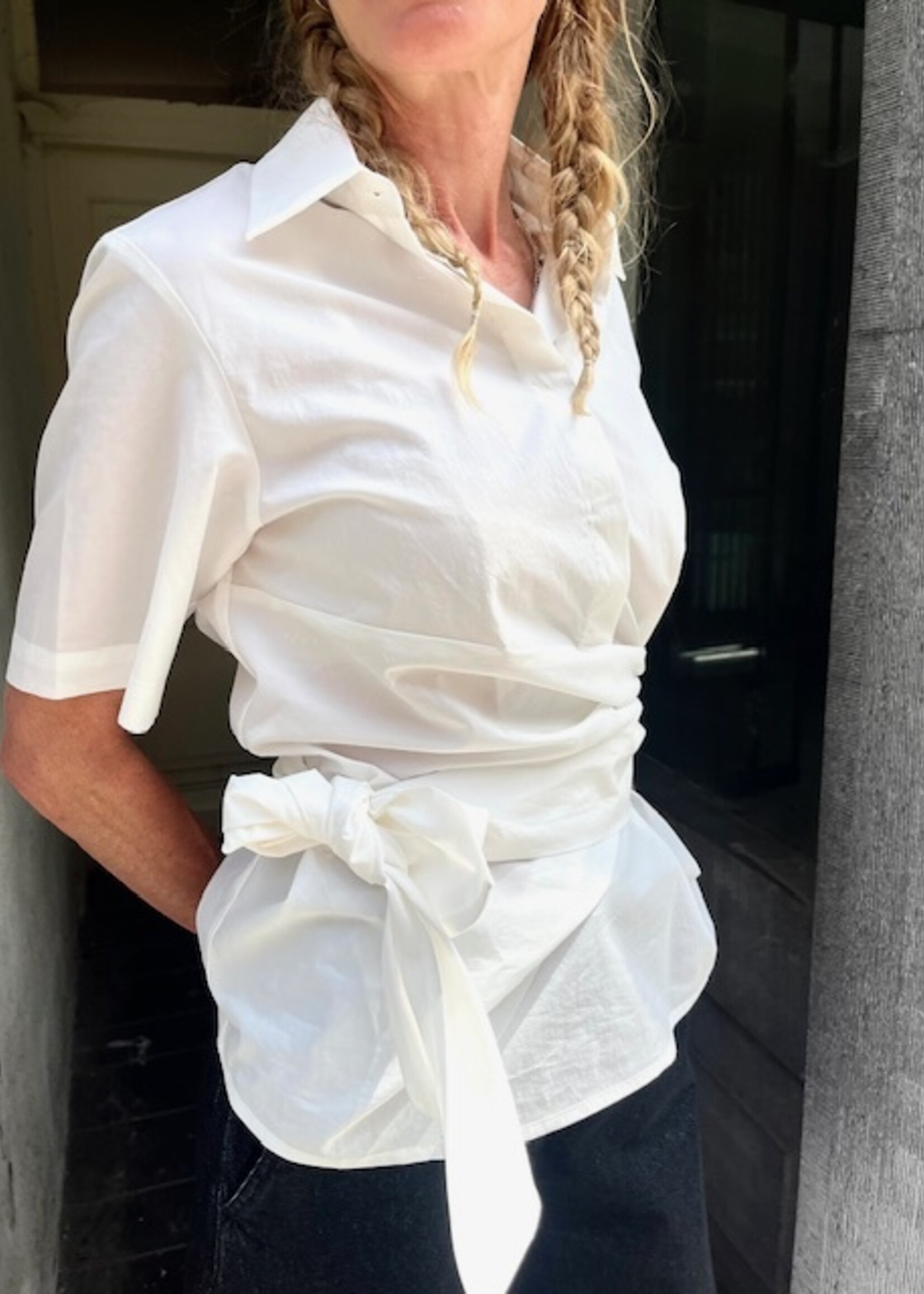 CHRISTIAN WIJNANTS Christian Wijnants Tille Short Sleeve Top with Wrapped Pannel at Waist | Off White