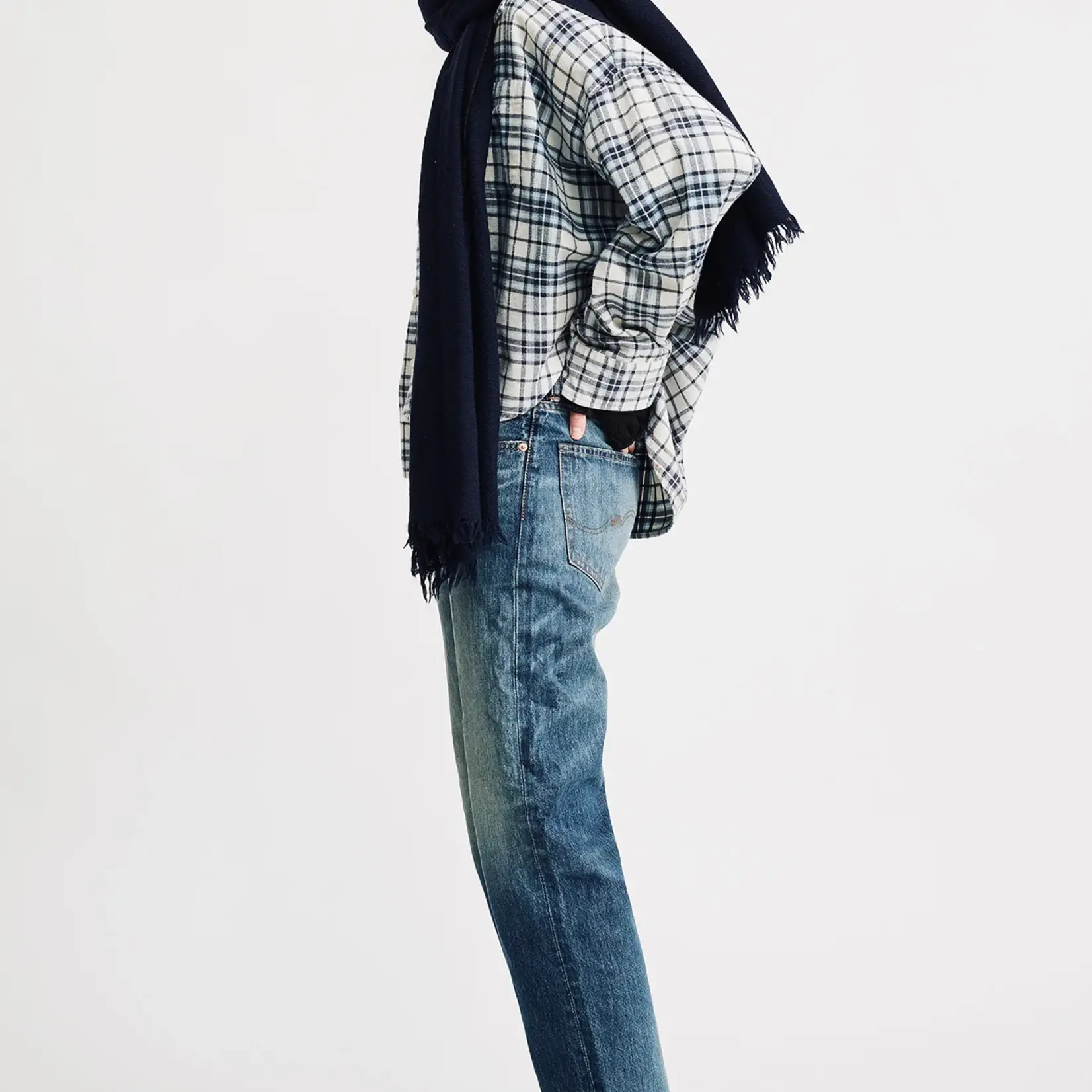 DENIMIST Denimist cropped button front shirt|ecru light blue plaid