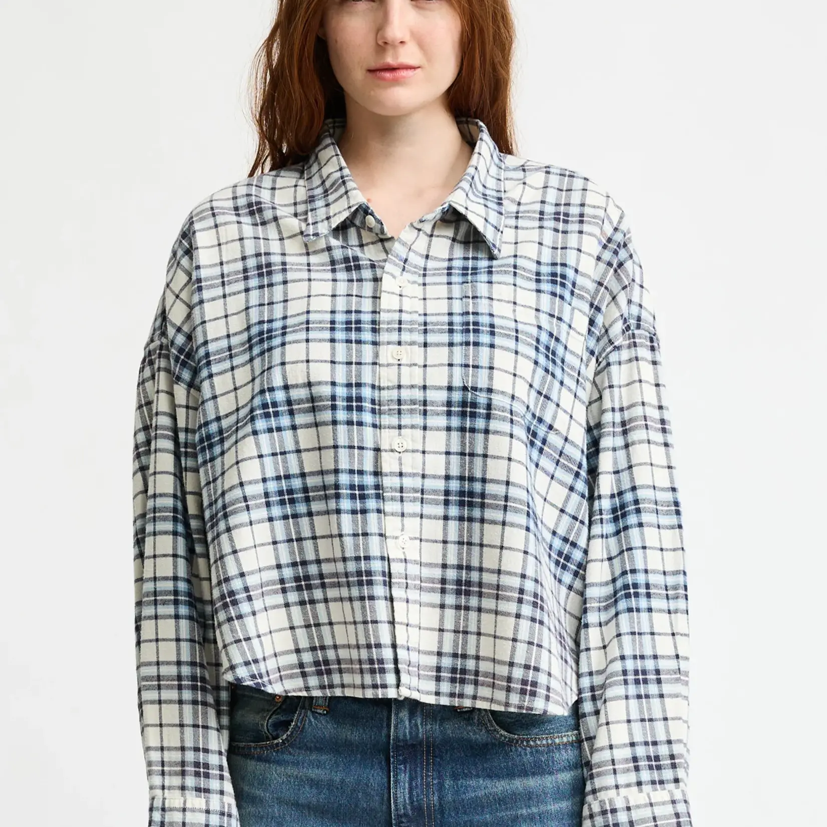 DENIMIST Denimist cropped button front shirt|ecru light blue plaid