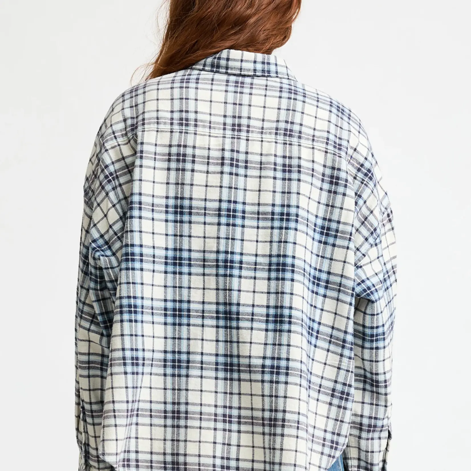 DENIMIST Denimist cropped button front shirt|ecru light blue plaid