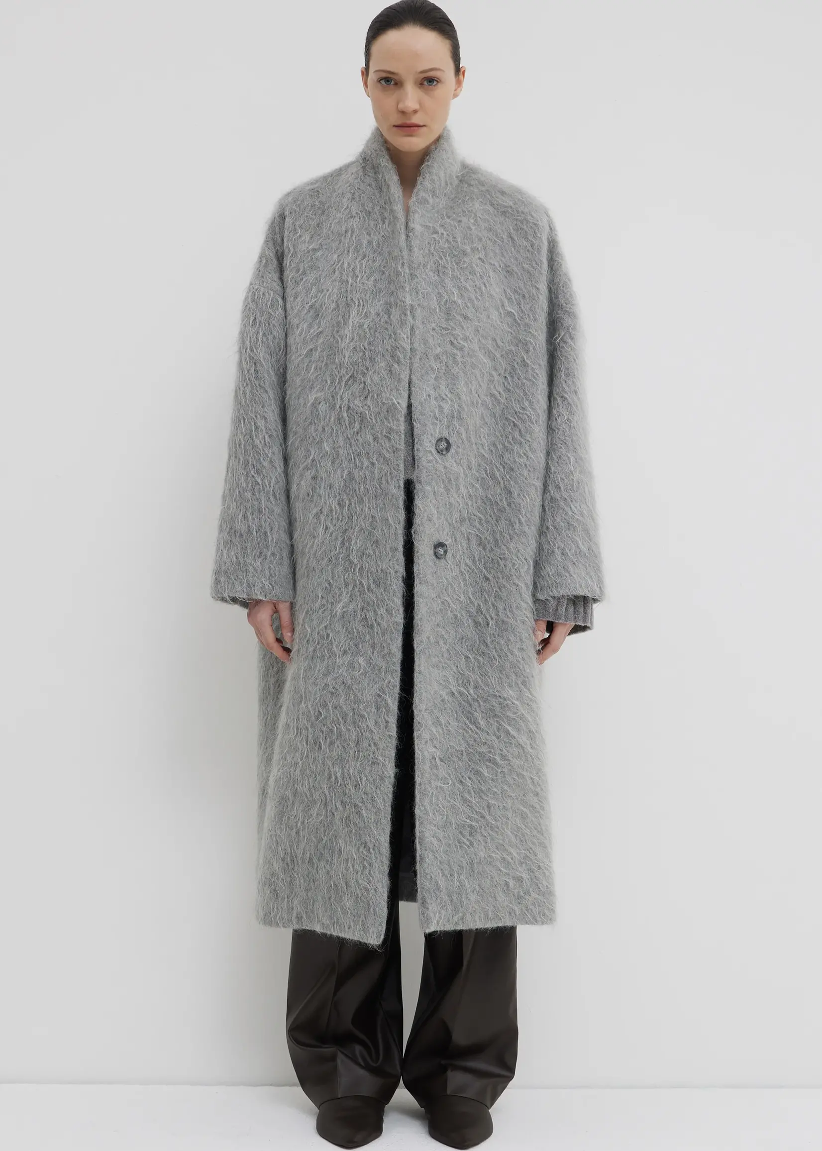 CHRISTIAN WIJNANTS Christian Wijnants Carajo Long Faux Fur Coat with Shawl Collar| Grey Mohair