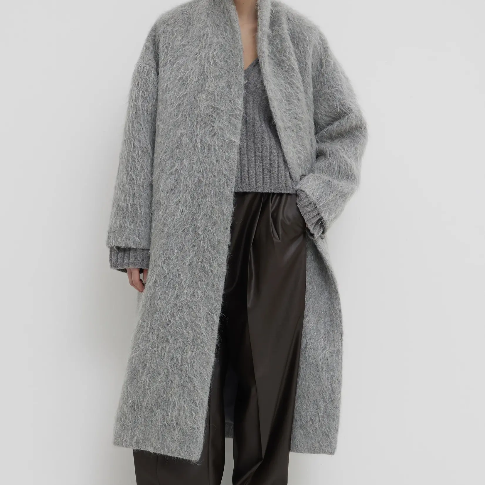 CHRISTIAN WIJNANTS Christian Wijnants Carajo long faux fur coat with shawl collar| grey mohair