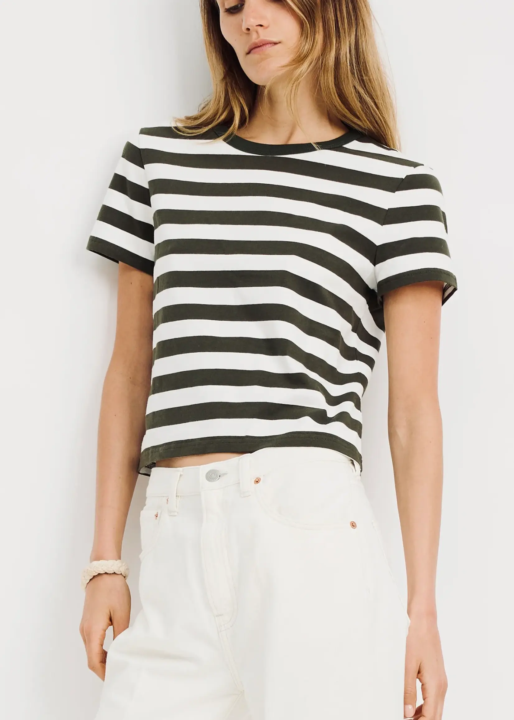 DENIMIST Denimist Striped Baby T | Dark Olive Green Ecru Wide Stripe