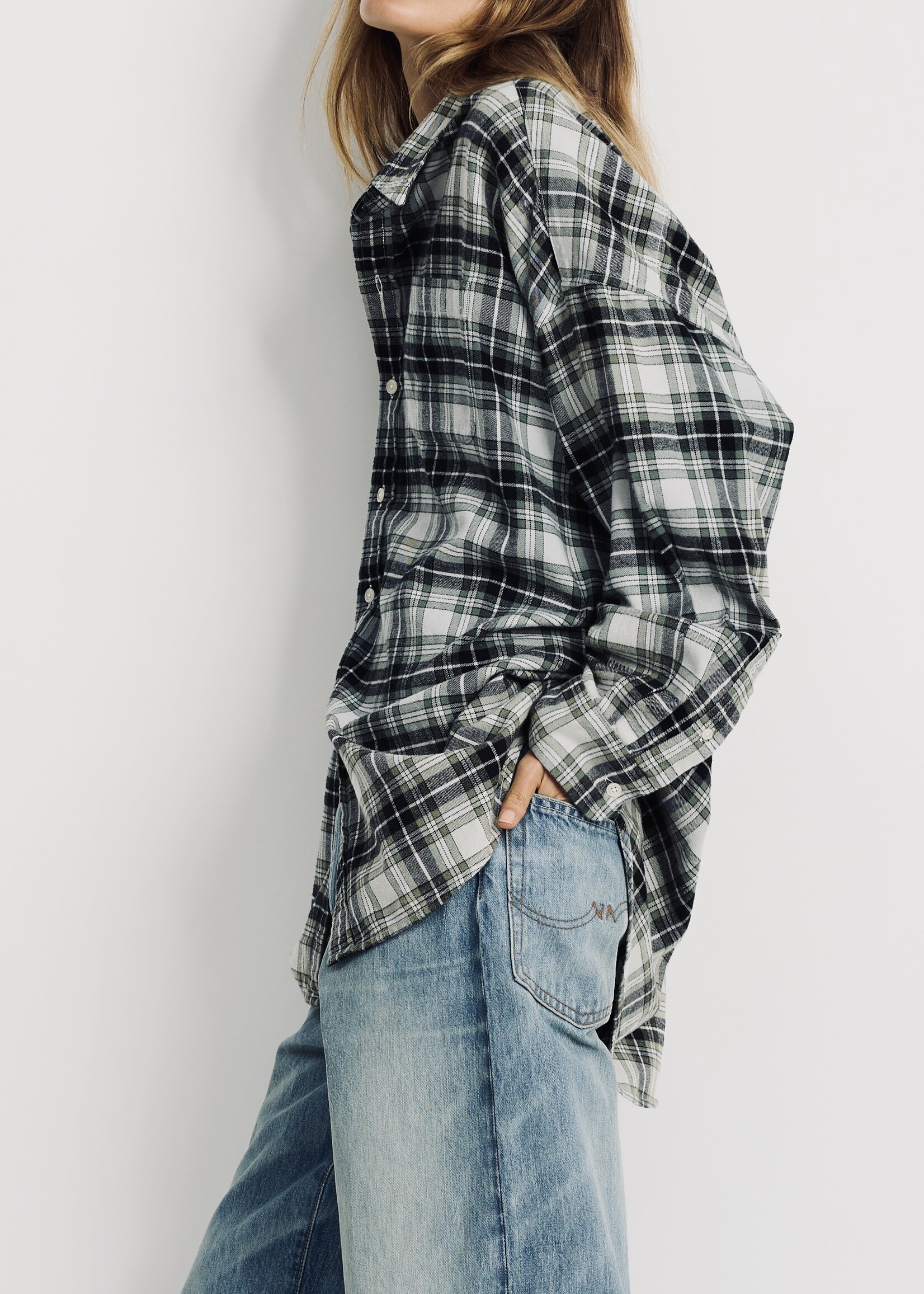 DENIMIST Denimist Button Front Shirt | Green/Ecru Plaid