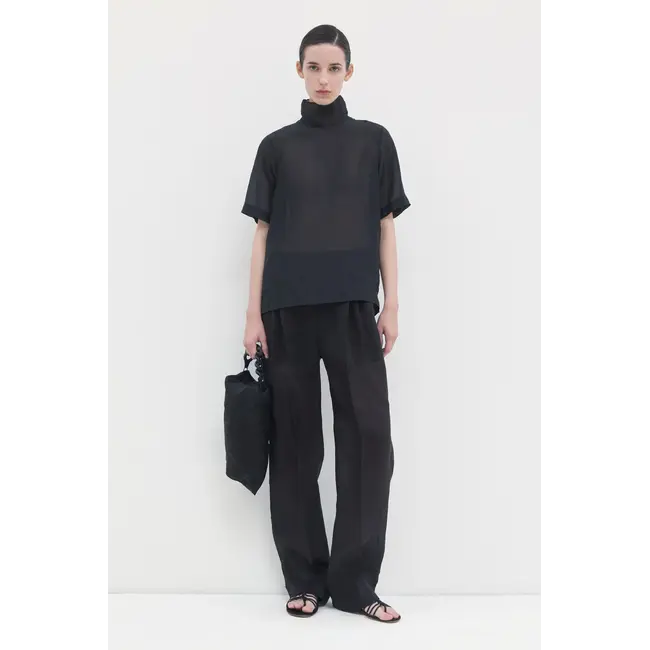 Washed Turtle Neck Organza Top | Black