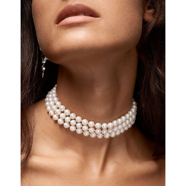Pearl Choker 3 Strand | Silver Freshwater Pearls