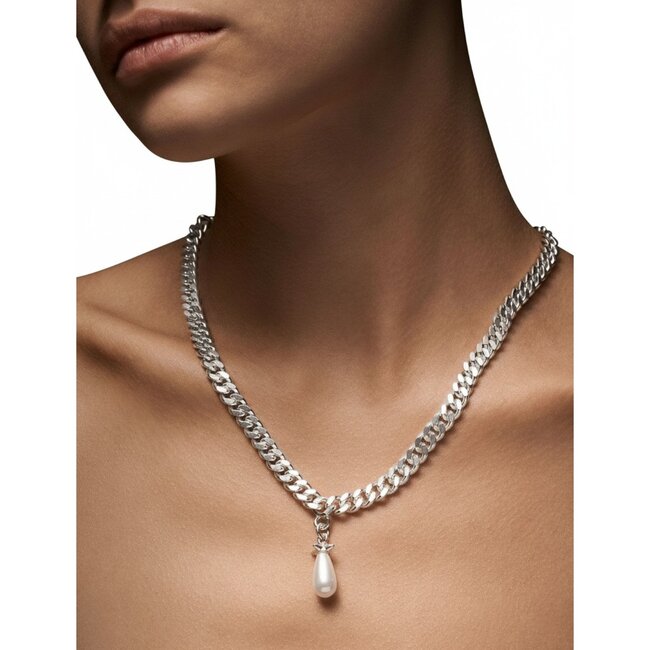 Chunky Chain Drop Pearl Necklace | Silver Glass Pearl