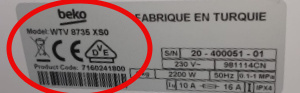Voorbeeld typeplaatje Beko wasmachine