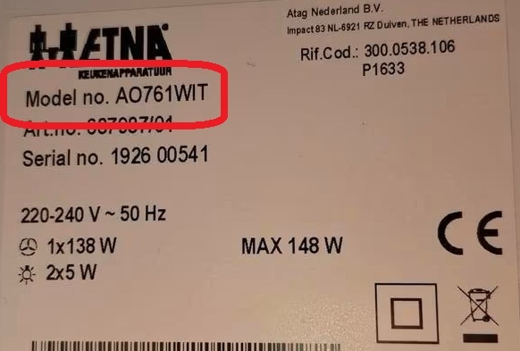 Etna afzuigkap typeplaatje