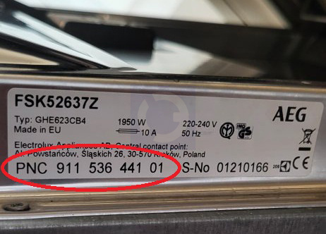 AEG typeplaatje met PNC-nummer