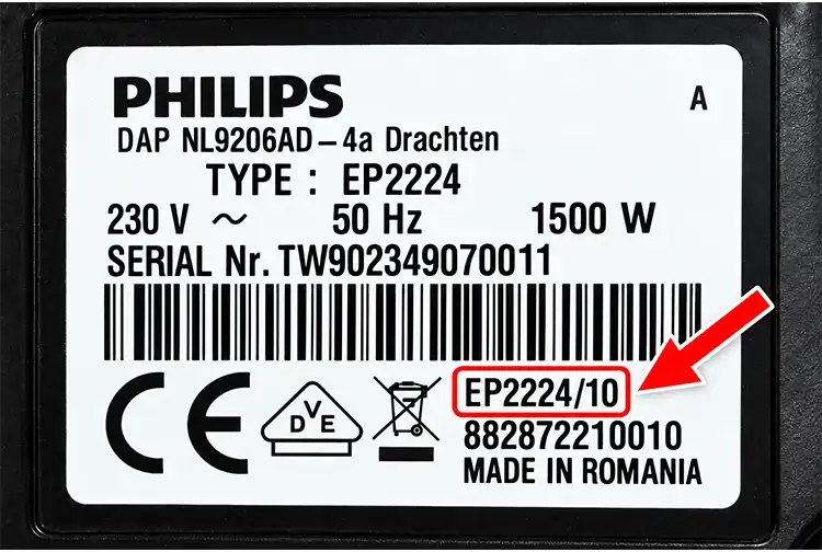 Voorbeeld van een typeplaatje op een Philips koffiemachine; dit voorbeeld bevestigt geen geschiktheid