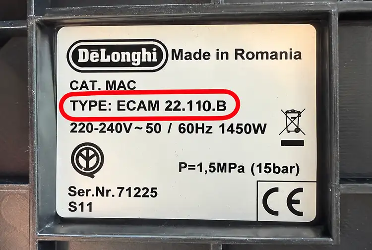 DeLonghi typeplaatje met aanduiding TYPE en typenummer