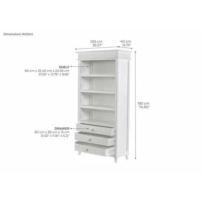 Bücherregal Skansen mit 3 Schubladen – Weiß, Landhaus-Stil (100x190 cm)