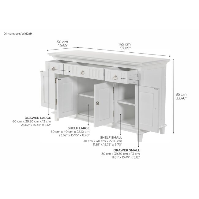 Buffetschrank mit 4 Türen und 3 Schubladen Landhaus-Eleganz in Weiß