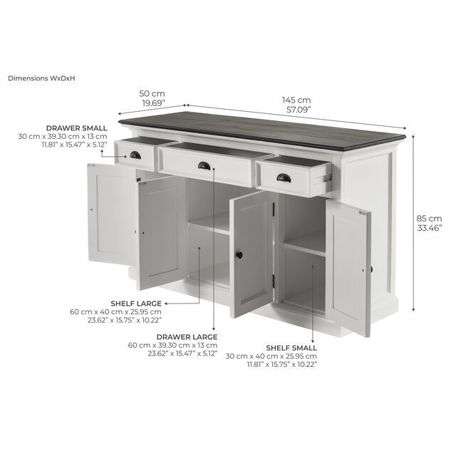 Sideboard Provence – Weiß und Schwarz, Shaker-Stil mit 3 Schubladen