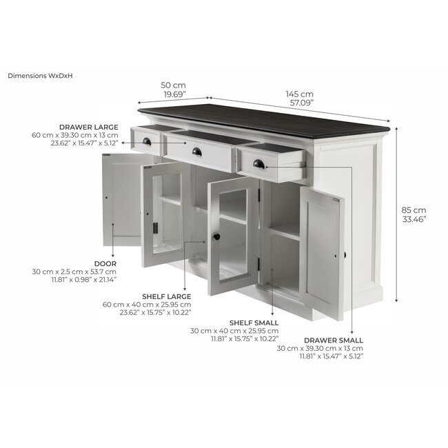 Buffetschrank mit 4 Türen, 3 Schubladen und Glaseinsatz