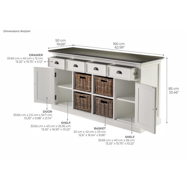 Sideboard Provence – Weiß und Schwarz mit 4 Rattankörben