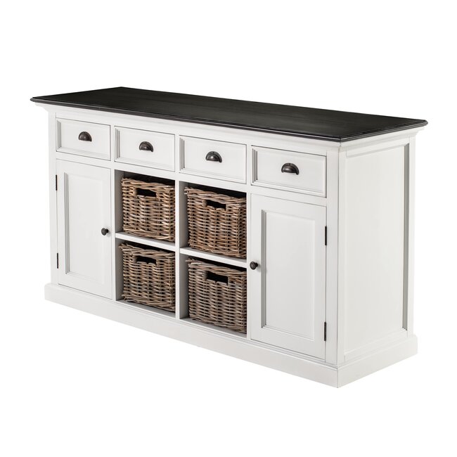 Sideboard Provence – Weiß & Schwarz mit 4 Rattankörben