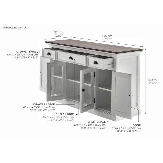 Buffetschrank mit 4 Türen, 3 Schubladen und Glaseinsatz