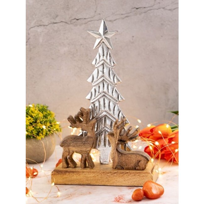 Dekofigur Weihnachtsbaum mit zwei Hirschen – Aluminium Silber