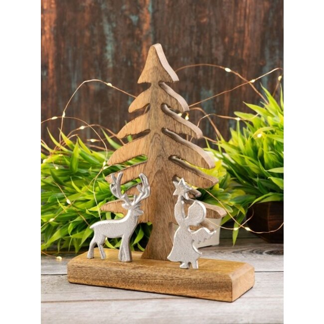 Holzfigur Weihnachtsbaum mit Hirsch und Engel – Dekoaufsteller
