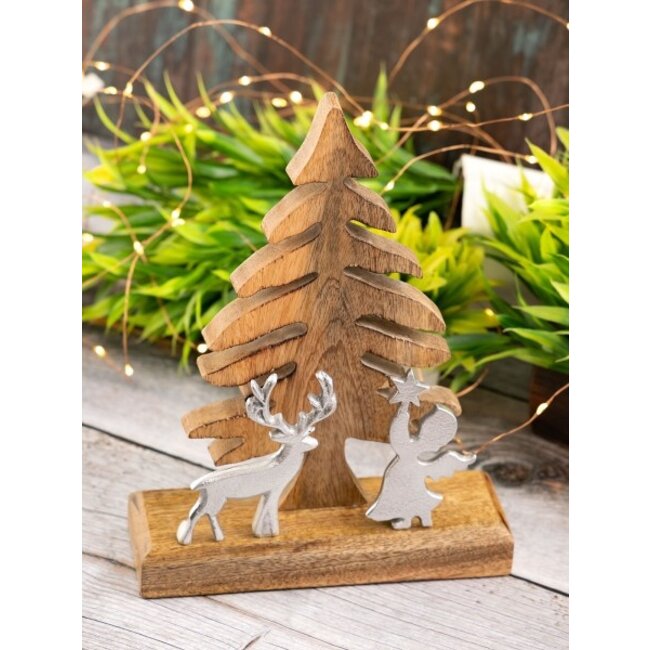 Holzfigur Weihnachtsbaum mit Hirsch und Engel – Dekoaufsteller