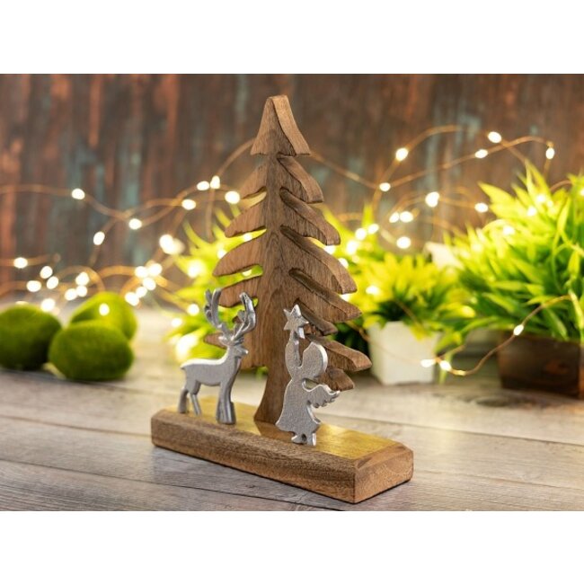 Holzfigur Weihnachtsbaum mit Hirsch und Engel – Dekoaufsteller