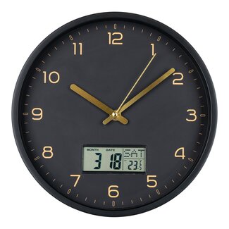 House Nordic Amiens Wanduhr mit Digitalanzeige, Kunststoff, schwarz, geräuschloses Uhrwerk ø25 cm