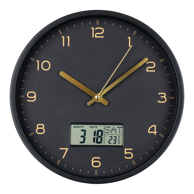 Amiens Wanduhr mit Digitalanzeige, Kunststoff, schwarz, geräuschloses Uhrwerk ø25 cm