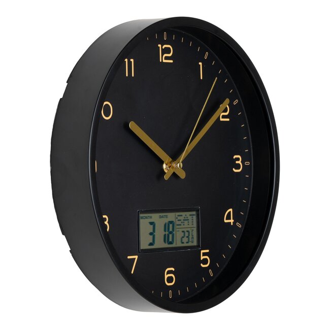 Amiens Wanduhr mit Digitalanzeige, Kunststoff, schwarz, geräuschloses Uhrwerk ø25 cm