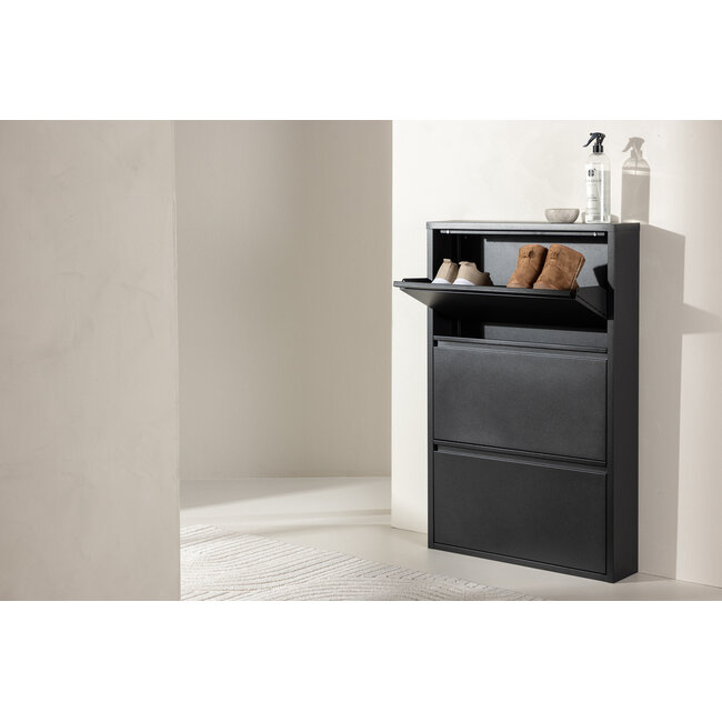 Schuhschrank Ushuaia – Metall-Design mit 3 Klappen in Schwarz