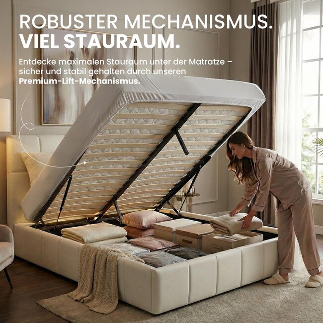 Polsterbett Hadia Creme – Stilvolle Eleganz & maximaler Stauraum