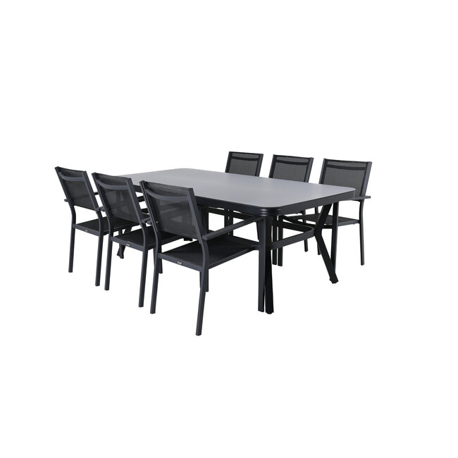 Gartenmöbel-Set Virya Albany – Outdoor-Essgruppe mit Virya Glastisch und Albany Aluminium-Stapelstühlen