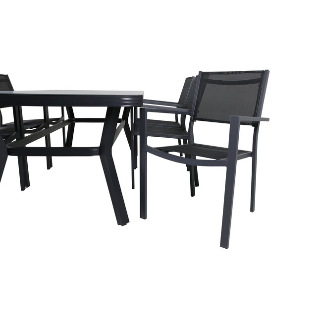 Gartenmöbel-Set Virya Albany – Outdoor-Essgruppe mit Virya Glastisch und Albany Aluminium-Stapelstühlen