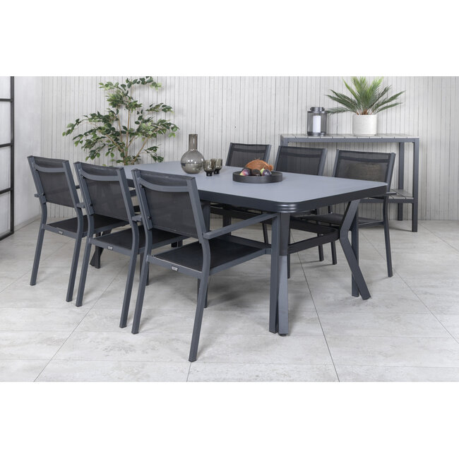 Gartenmöbel-Set Virya Albany – Outdoor-Essgruppe mit Virya Glastisch und Albany Aluminium-Stapelstühlen