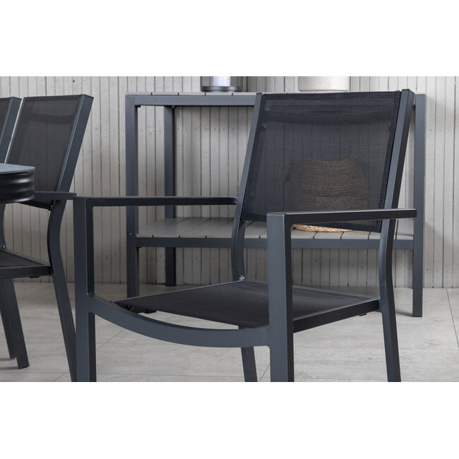 Gartenmöbel-Set Virya Albany – Outdoor-Essgruppe mit Virya Glastisch und Albany Aluminium-Stapelstühlen