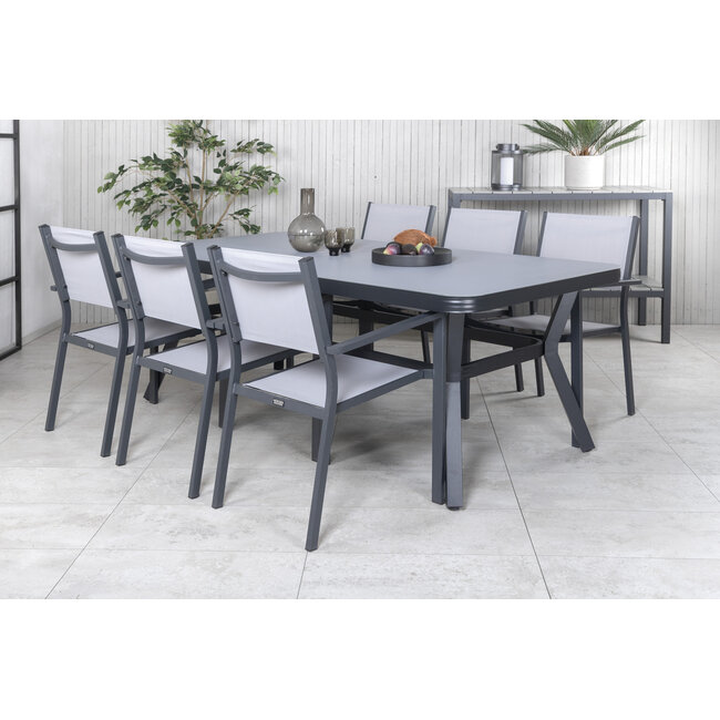 Gartenmöbel-Set Virya – wetterfeste Essgruppe mit Glastisch und Stühlen aus Aluminium & Rope