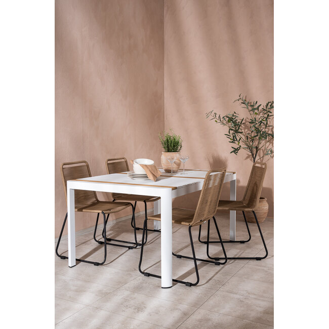 Gartenmöbel-Set Togo und Lindos – Große Outdoor-Essgruppe aus Teakholz und Aluminium mit Lindos-Stapelstühlen