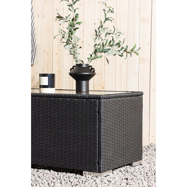 Lounge-Tisch London Schwarz – Outdoor-Couchtisch 120×50 cm Polyrattan und Glasplatte