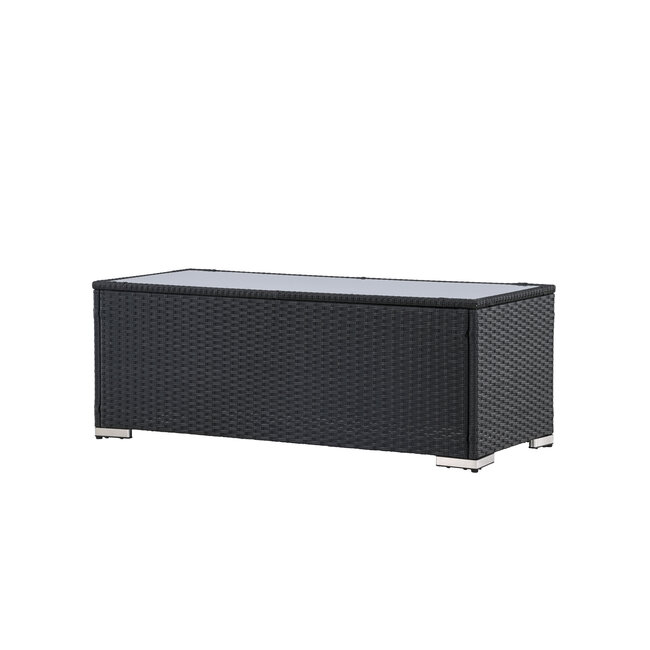 Lounge-Tisch London Schwarz – Outdoor-Couchtisch 120×50 cm Polyrattan und Glasplatte