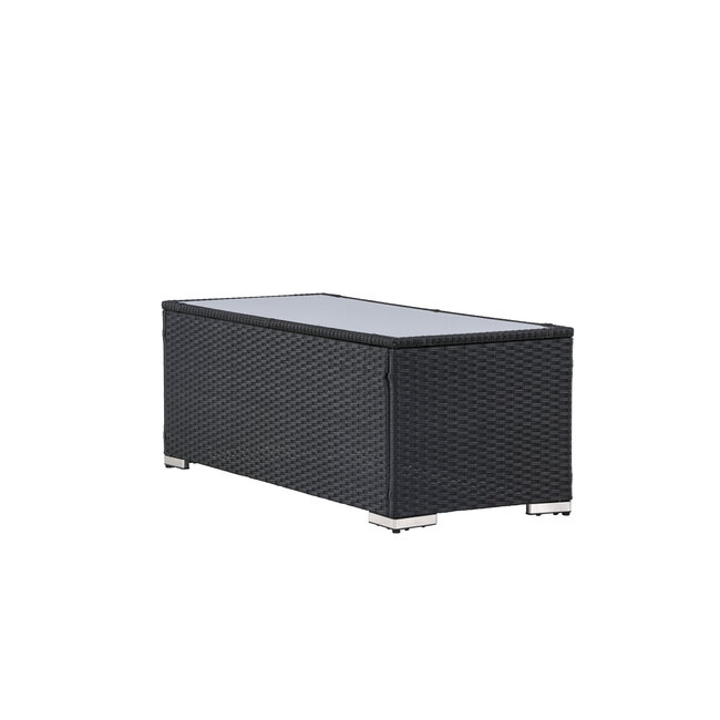 Lounge-Tisch London Schwarz – Outdoor-Couchtisch 120×50 cm Polyrattan und Glasplatte
