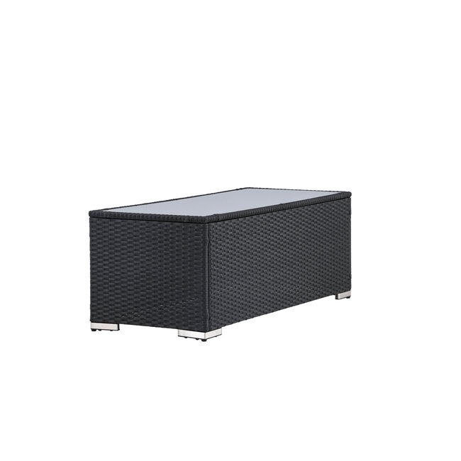 Lounge-Tisch London Schwarz – Outdoor-Couchtisch 120×50 cm Polyrattan und Glasplatte